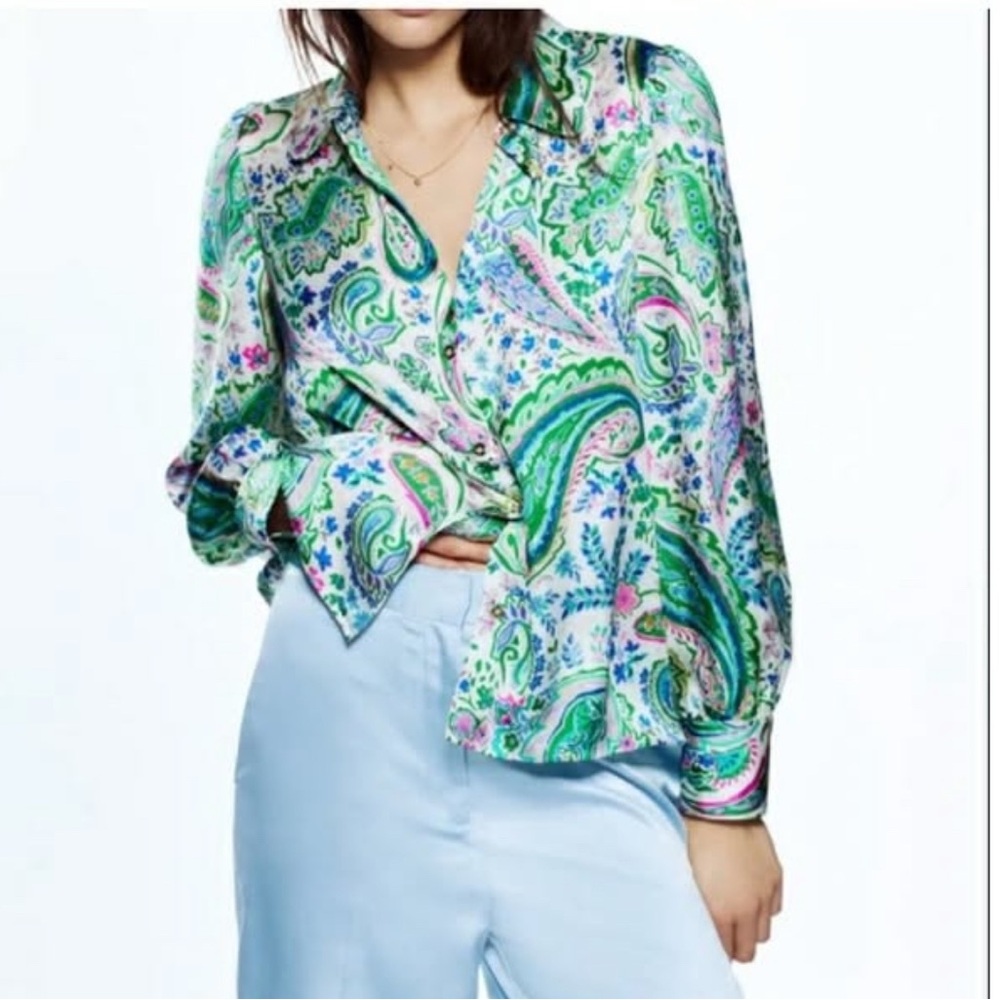 Zara Paisley Print Pink Green Satin Button Front Blouse Top XL